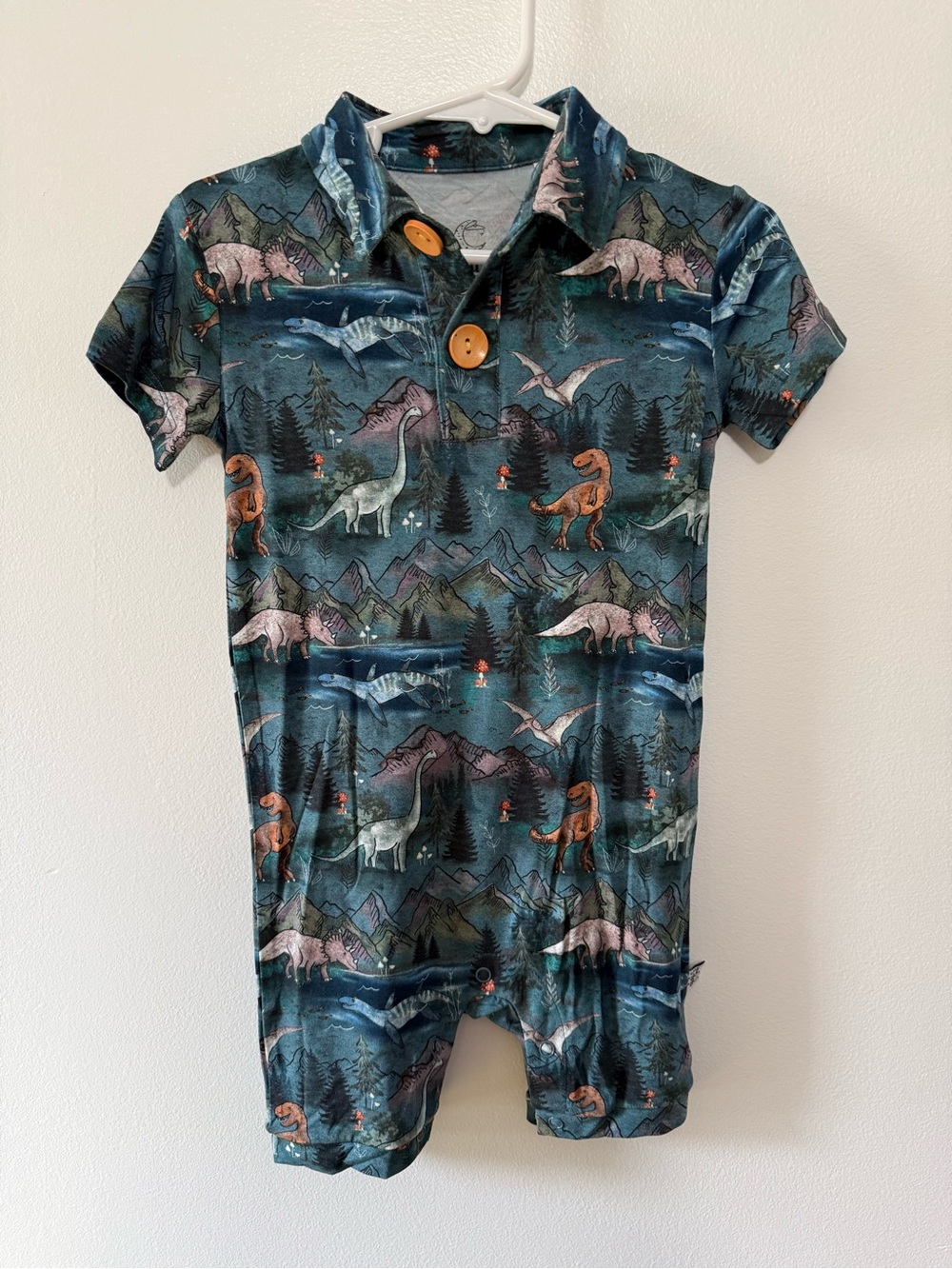 Gigi’s Closet Bamboo Dino Print Short Sleeve Romper - Teal